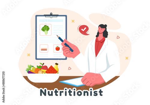 Vector Illustration of a Nutritionist Conducting a Nutritional Examination of Food, including Dietary Supplements, such as Fresh Fruits and Vegetables
