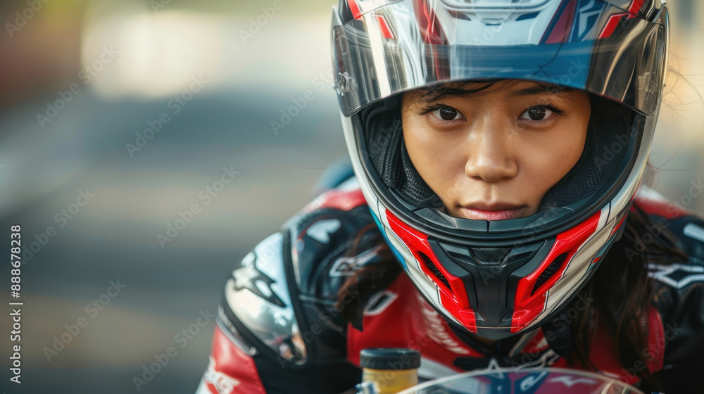 Asian female biker in full-face helmet front view close-up shot. Asian female biker in full-face helmet front view close-up shot.
