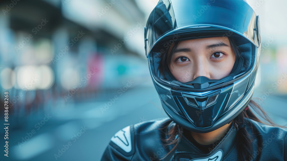 Asian woman rider wearing a full-face helmet close-up face. Asian woman rider wearing a full-face helmet close-up face.