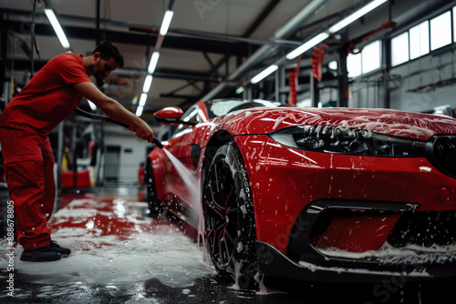 A man washes off the foam from red car with water from a pressurized hose, a car wash service.