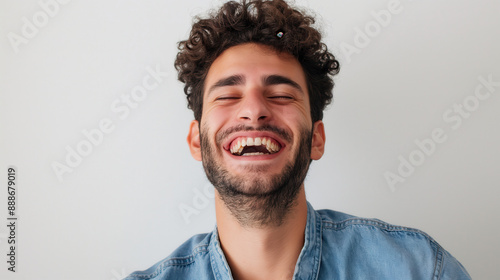 A young man with curly hair laughs heartily with eyes closed, showing a bright white smile against a simple white background. © Quality Photos
