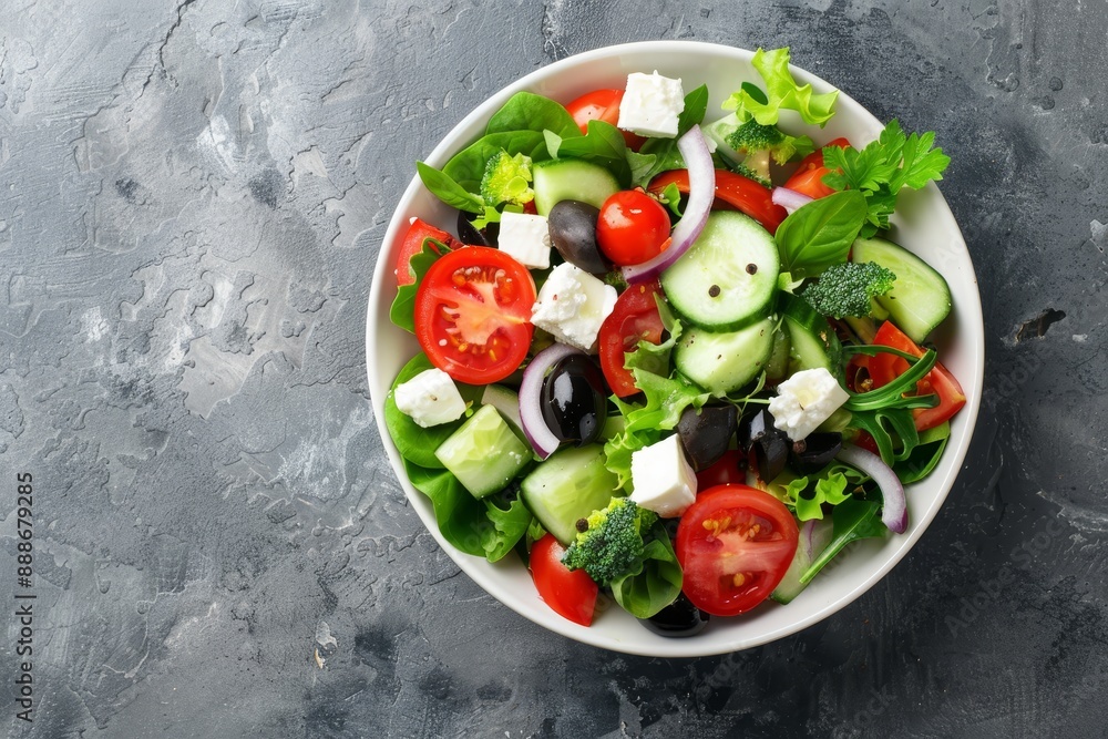 Overhead view of fresh Greek salad in bowl Overhead view of fresh Greek salad in bowl