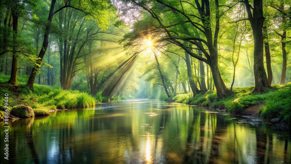 Tranquil forest landscape with sunlight streaming through trees and a peaceful river , peaceful, tranquil, forest, landscape Tranquil forest landscape with sunlight streaming through trees and a peaceful river , peaceful, tranquil, forest, landscape