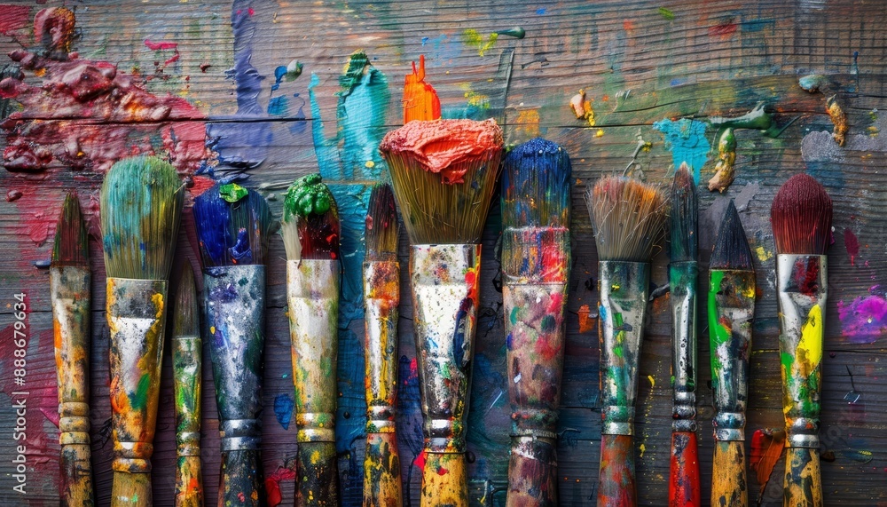 Fototapeta premium Paint smeared brushes on a wooden backdrop