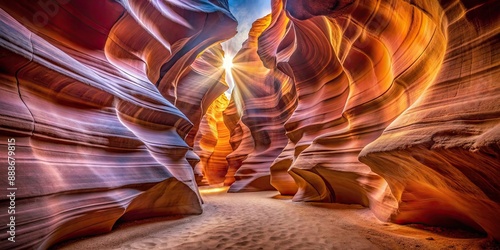 Narrow sandstone slot canyons with stunning light beams and swirling rock formations in Antelope Canyon