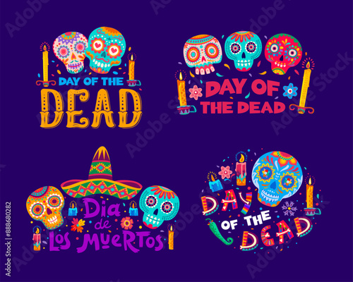 Day of the Dead lettering icons with calavera sugar skulls for Mexican holiday, vector banners. Dia De Los Muertos skeleton skulls with Mexican floral ornament in sombrero with jalapeno peppers