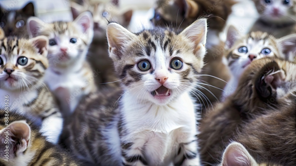 Shocked kitten with wide eyes standing out in a litter of cats, startled, surprised, cute, animal, group, siblings, furry, feline