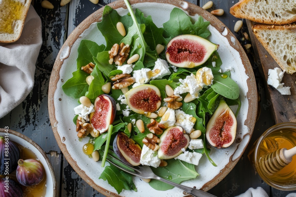 Photograph of salad with goat cheese figs nuts toast honey Photograph of salad with goat cheese figs nuts toast honey