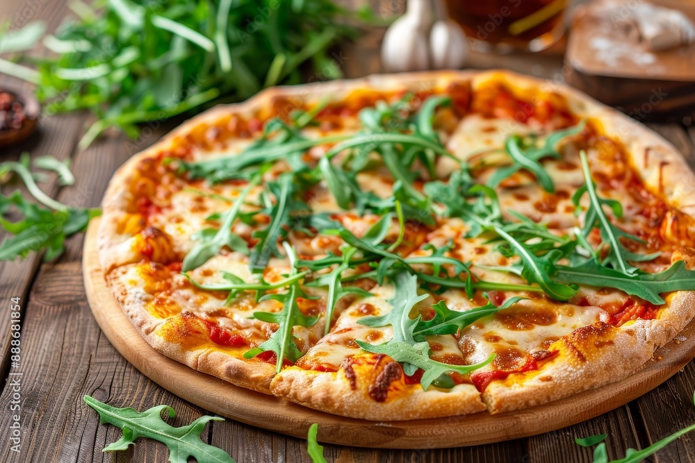 Picture of tasty veggie pizza with arugula on wood table Picture of tasty veggie pizza with arugula on wood table