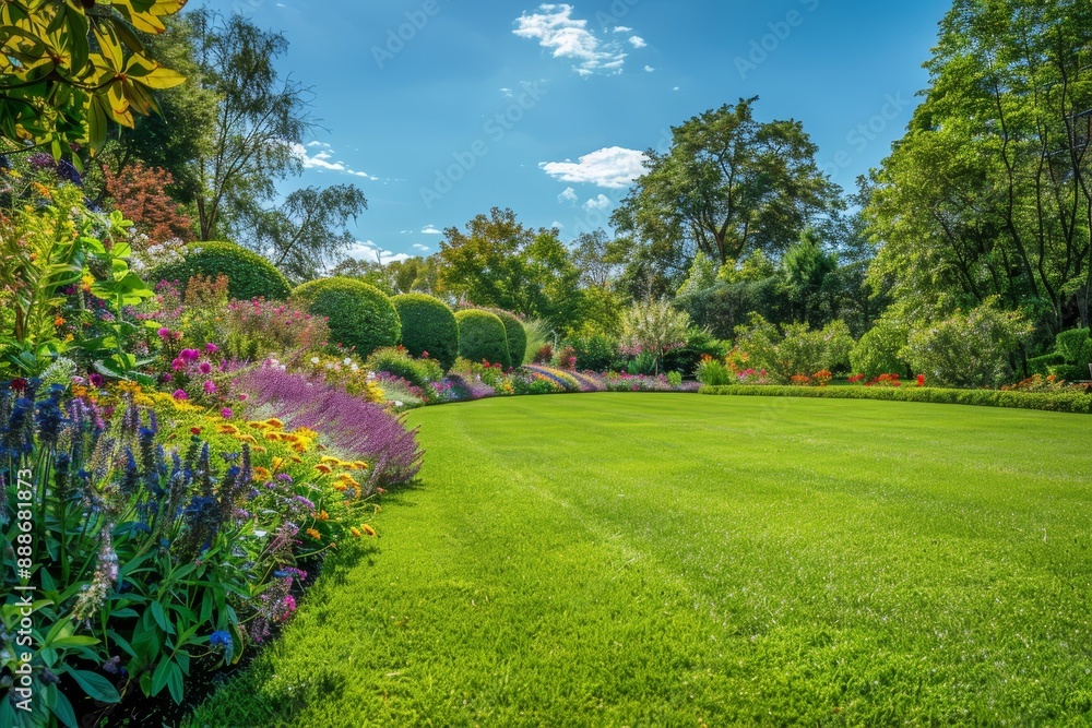 Obraz premium Picturesque English garden with a manicured lawn and vibrant flowers