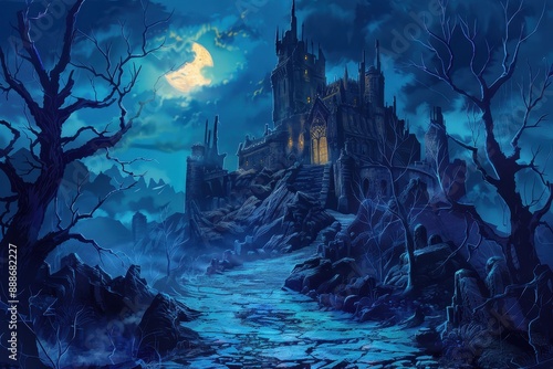 Mysterious Gothic castle with full moon and creepy trees