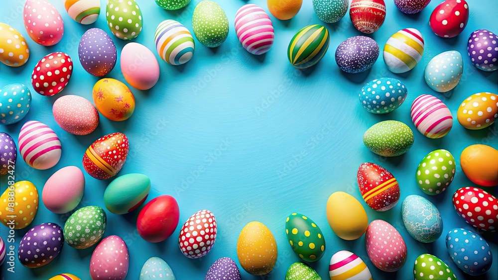 Fototapeta premium Top view of colorful Easter eggs on a blue background, Easter, background, colorful, eggs, top view, pink, blue
