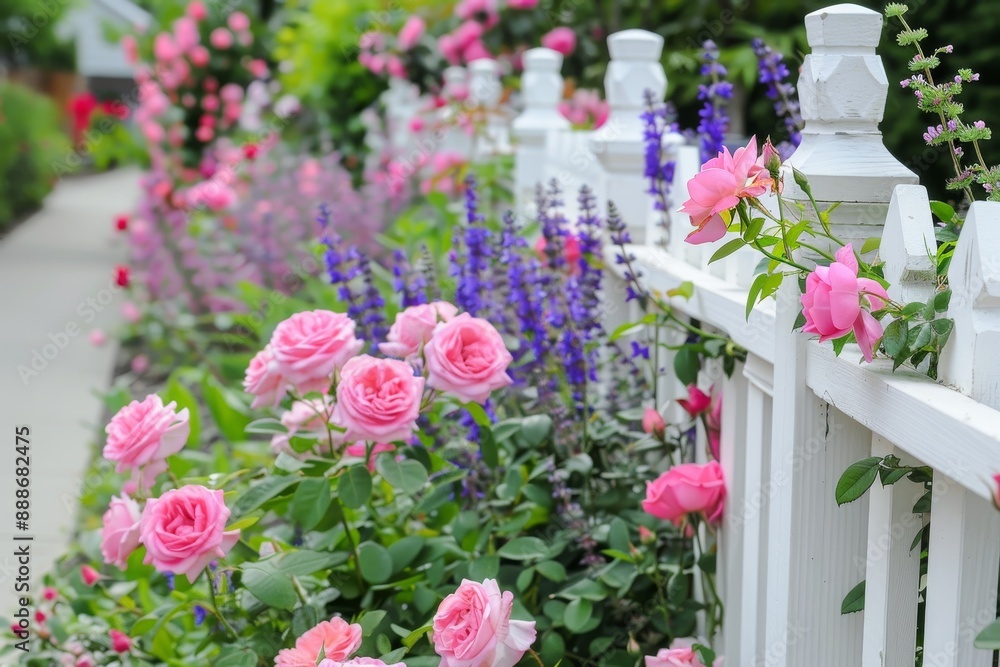 Pink climbing roses on white fence near garden path Colorful flower bed with Salvia sage catmint and lady s mantle Pink climbing roses on white fence near garden path Colorful flower bed with Salvia sage catmint and lady s mantle