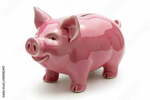 Pink ceramic piggy bank on white background