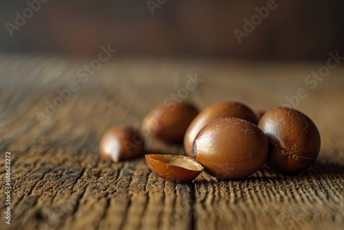 Whole Argan nuts on a wooden table viewed up close