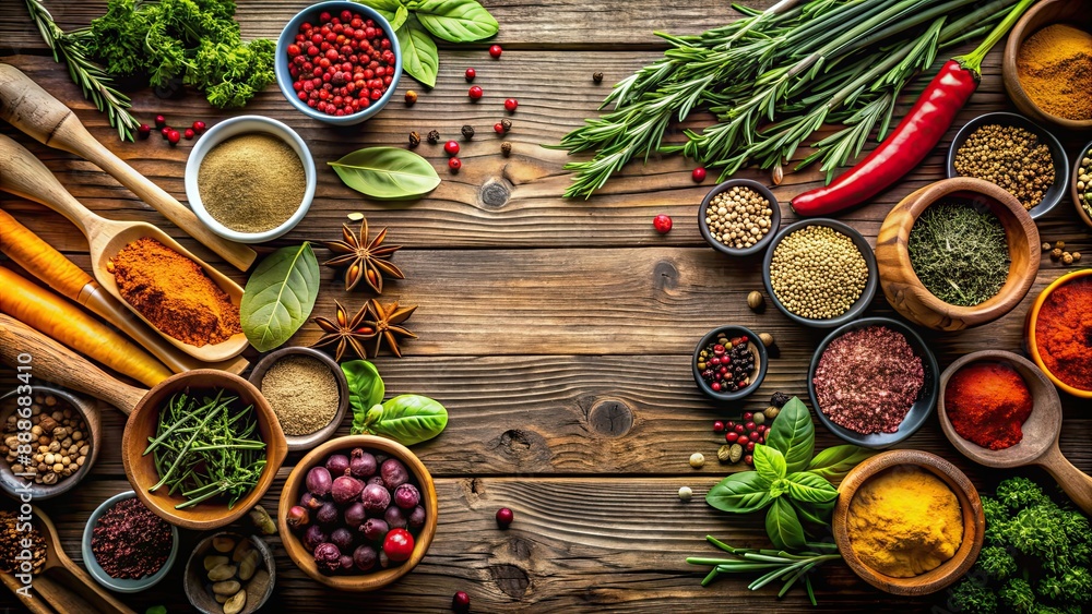 A variety of colorful herbs and spices on rustic wooden table, cooking, seasoning, flavor, ingredients, culinary A variety of colorful herbs and spices on rustic wooden table, cooking, seasoning, flavor, ingredients, culinary