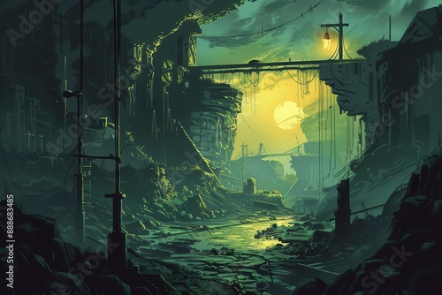 Desolate Cityscape with Glowing Moon