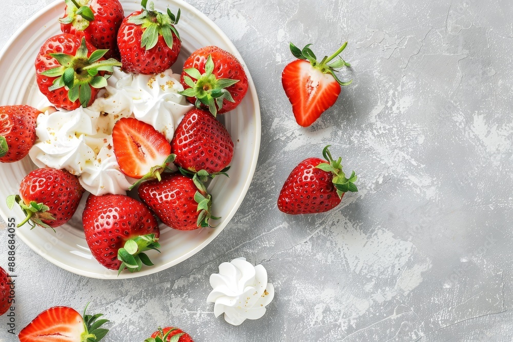 Yummy strawberries atop a gray table captured from above Yummy strawberries atop a gray table captured from above