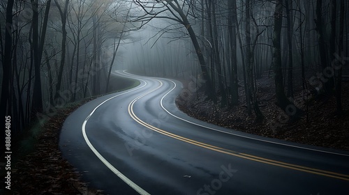 A long curving road passes through a misty dark forest