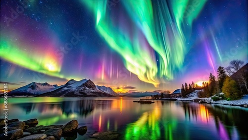 Vibrant display of colorful Northern Lights in the night sky, Aurora Borealis, Northern Hemisphere, Astronomy