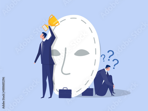 Imposter syndrome.business man standing for her present profile with fear after door . Anxiety and lack of self confidence at work; the person fakes is someone else concept
