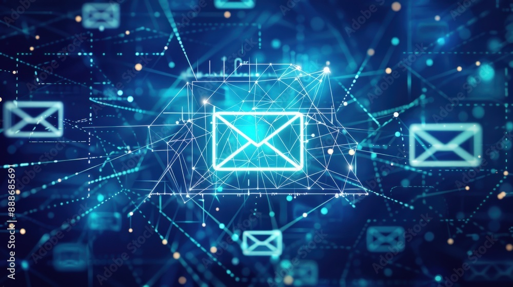 Digital blue background with an icon of email in the center, surrounded by other digital icons. Digital blue background with an icon of email in the center, surrounded by other digital icons.