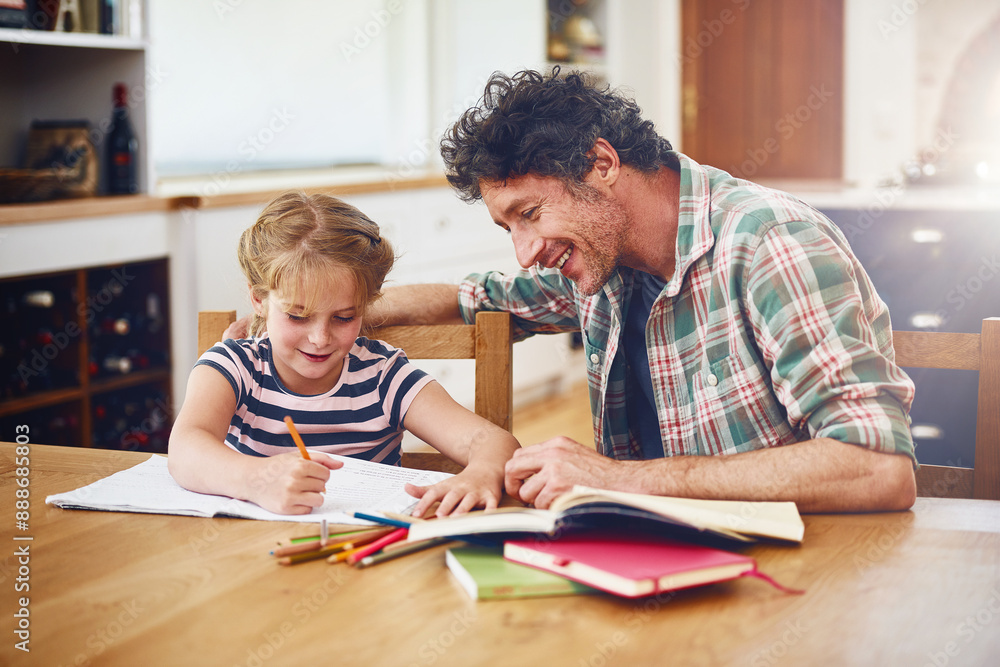 Girl, father and helping with homework in home for education, learning development and support with smile. Daughter, dad and monitor school lesson, homeschooling and language activity in dining room Girl, father and helping with homework in home for education, learning development and support with smile. Daughter, dad and monitor school lesson, homeschooling and language activity in dining room