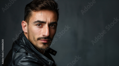 Close-up portrait of a handsome man in a black leather jacket, looking directly at the camera with a serious expression. © Quality Photos