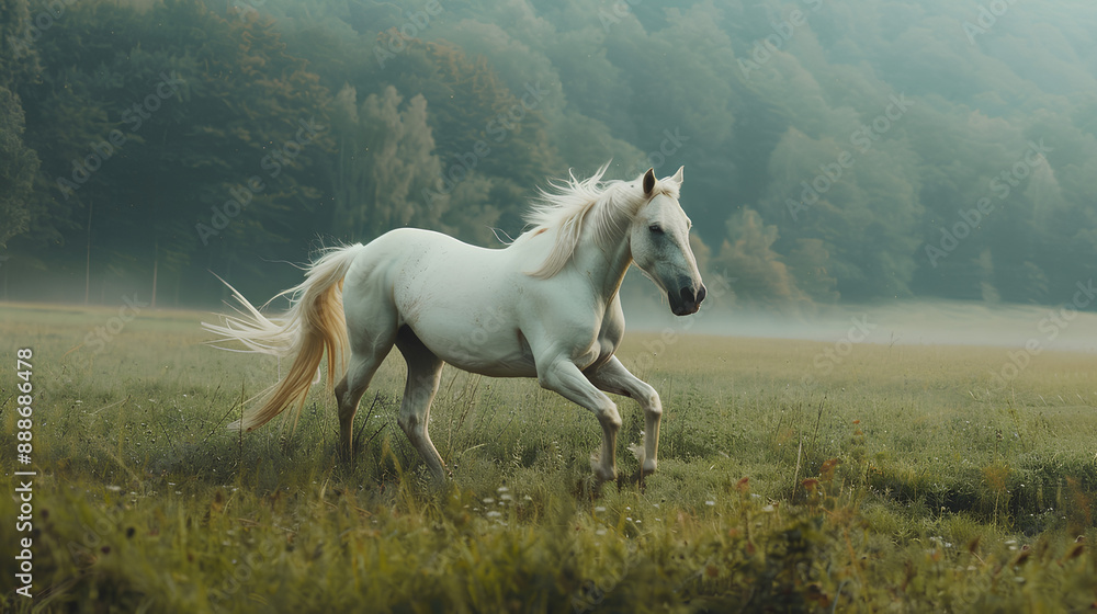 In the expansive green pasture, a magnificent white stallion gallops freely, its mane flowing like a banner of freedom in the wind In the expansive green pasture, a magnificent white stallion gallops freely, its mane flowing like a banner of freedom in the wind