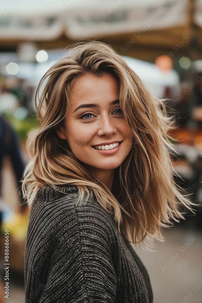 A beautiful woman smiling in an outdoor market. A beautiful woman smiling in an outdoor market.