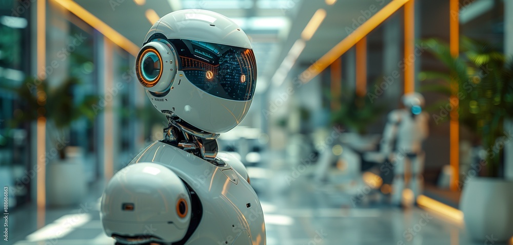 Modern office space with AI assistants and robotic automation, symbolizing workplace development and growth through innovative technology. Modern office space with AI assistants and robotic automation, symbolizing workplace development and growth through innovative technology.