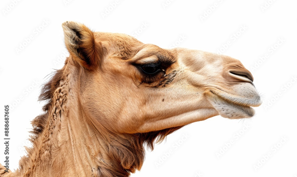 Obraz premium Close-Up of Camel with Isolated Hump on White Background. Perfect for Desert Travel and Transportation, Arabian Wildlife, Livestock in UAE, and Middle Eastern Themes. Ideal for Commercial Ads, Event I