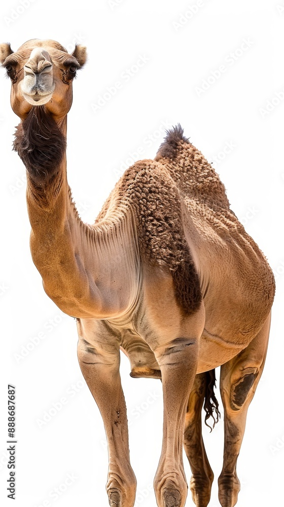 Obraz premium Close-Up of Camel with Isolated Hump on White Background. Perfect for Desert Travel and Transportation, Arabian Wildlife, Livestock in UAE, and Middle Eastern Themes. Ideal for Commercial Ads, Event I