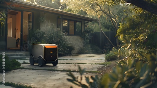 A parcel arrives by a robotic courier in a family home backyard