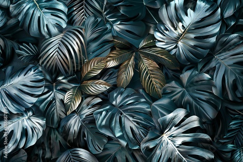 Close up of mysterious jungle with  silver tropical leaves, generated by ai