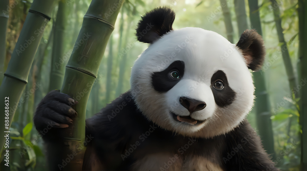 Obraz premium panda bear in a bamboo forest with a bamboo stalk in its hand