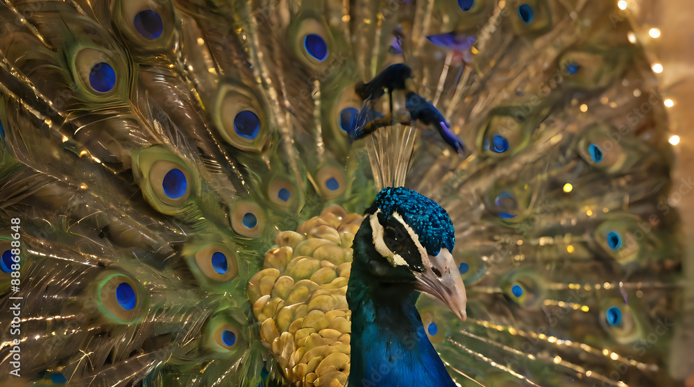 Obraz premium peacock with feathers spread out and a bird perched on top of it