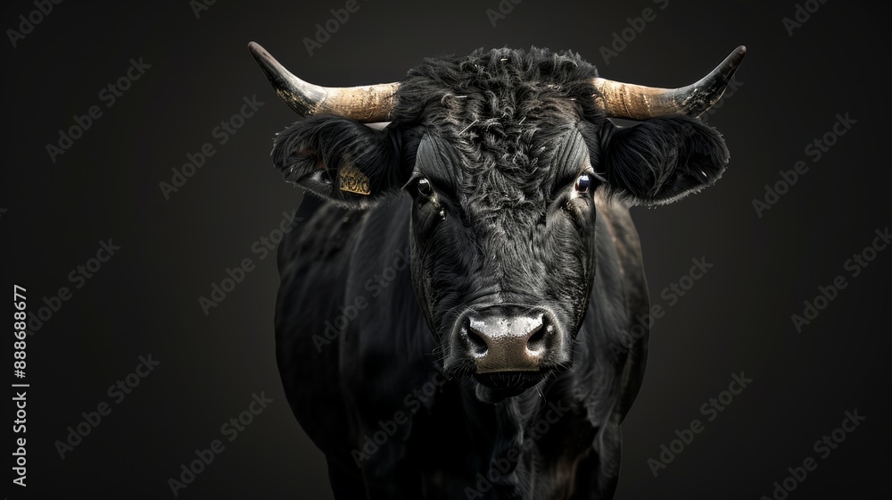 Portrait of a black cow on a black background with copy space. Wild animal. Digital art. Portrait of a black cow on a black background with copy space. Wild animal. Digital art.