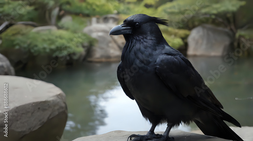 a black bird that is sitting on a rock