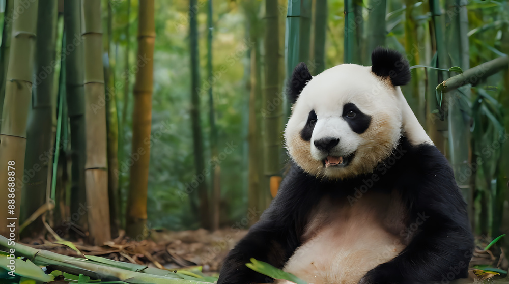 panda sitting on the ground in front of bamboo trees with its mouth open panda sitting on the ground in front of bamboo trees with its mouth open