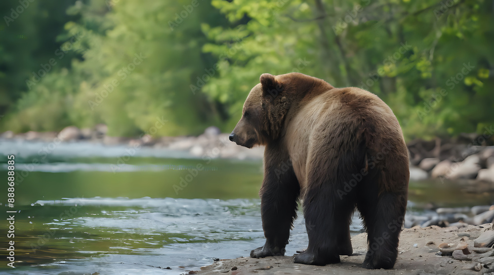 a brown bear standing on the shore of a river a brown bear standing on the shore of a river