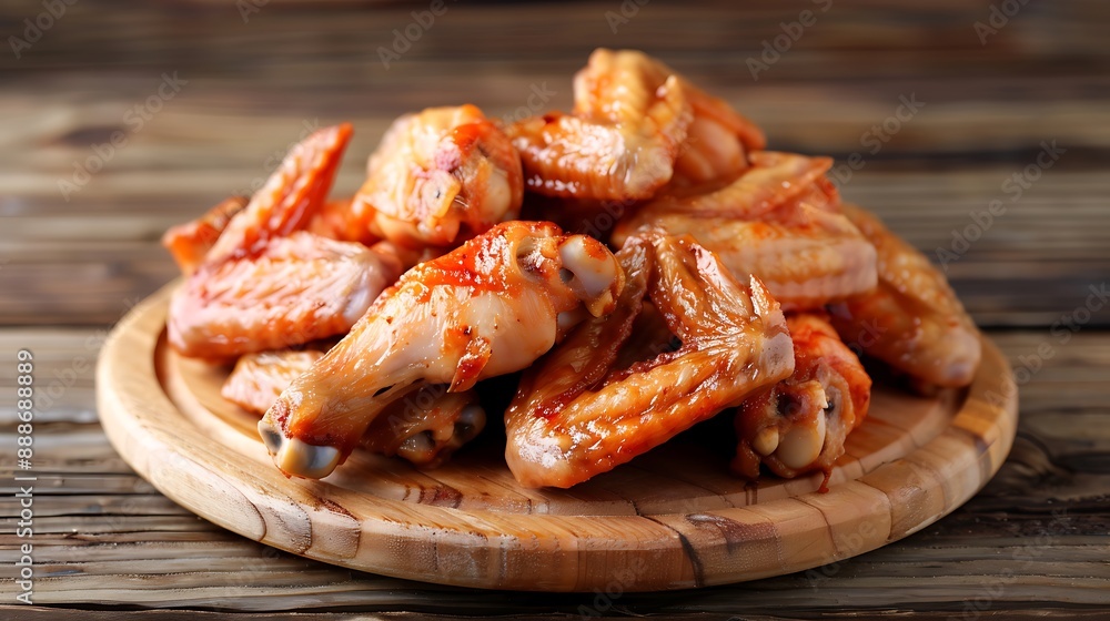 A pile of chicken wings is shown on a wooden chopping board A pile of chicken wings is shown on a wooden chopping board
