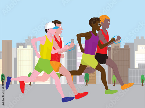 視覚障害者がガイドランナーと走っているイラストです。