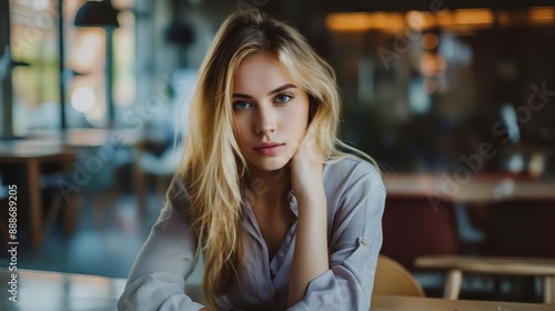 A beautiful blonde woman sitting at a table.