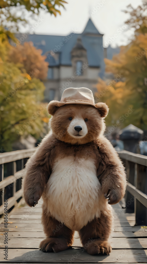 a teddy bear that is standing on a bridge a teddy bear that is standing on a bridge