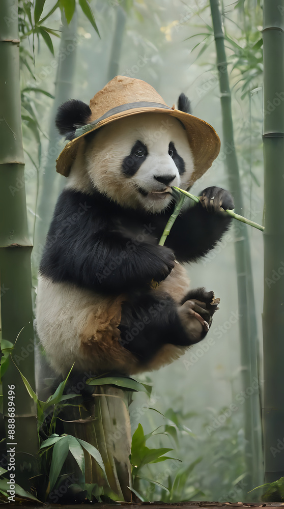 Fototapeta premium panda bear sitting on a bamboo pole with a hat on