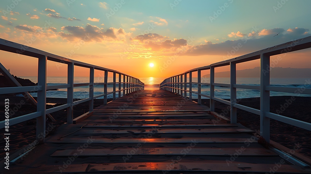 Obraz premium A plastic bridge with a view of the beach and rising sun gives a sad vibe