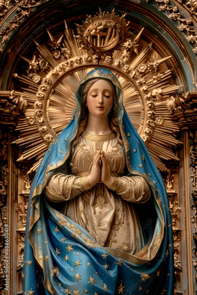 Obraz premium the holy mother, with blue veil, mother mary theme, gold stars around. AI generative.