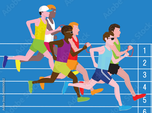 視覚障害者がガイドランナーと走っているイラストです。