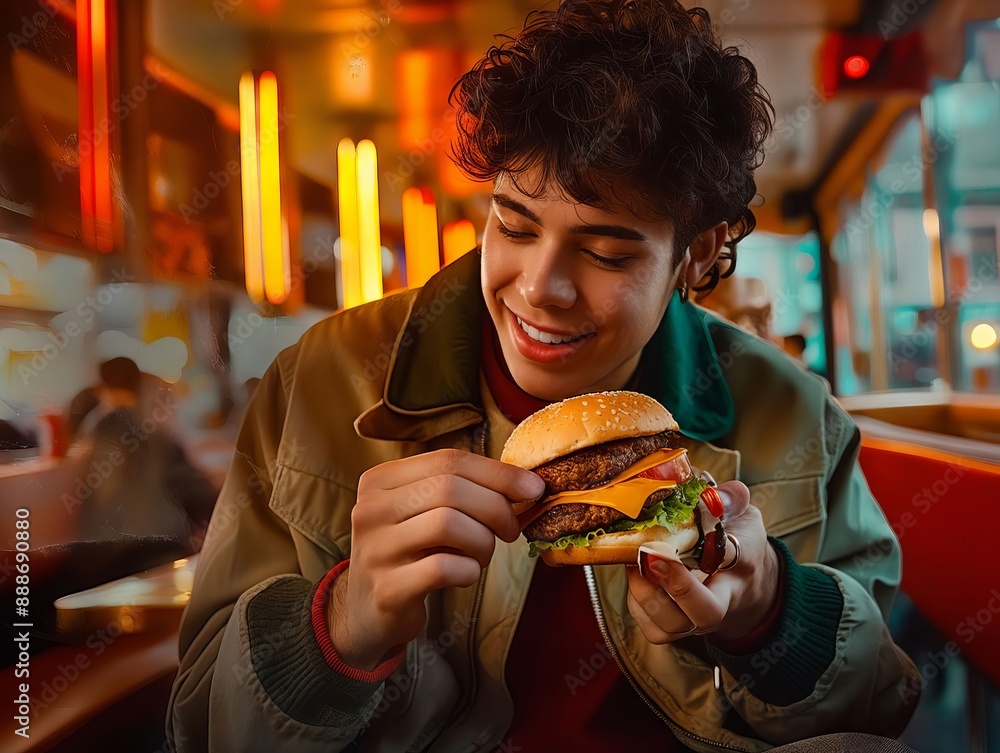 A man eating a hamburger in a restaurant. A man eating a hamburger in a restaurant.